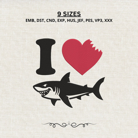 I Love Sharks Embroidery Design – Shark Bite Heart Great White Shark Machine Embroidery File Embroidery/Applique DESIGNS PatternFeed8 
