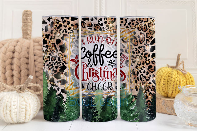 I run on coffee and Christmas cheer 20 oz skinny tumbler sublimation design Leopard digital PNG design Straight waterslide wrap download Sublimation BouDesign 