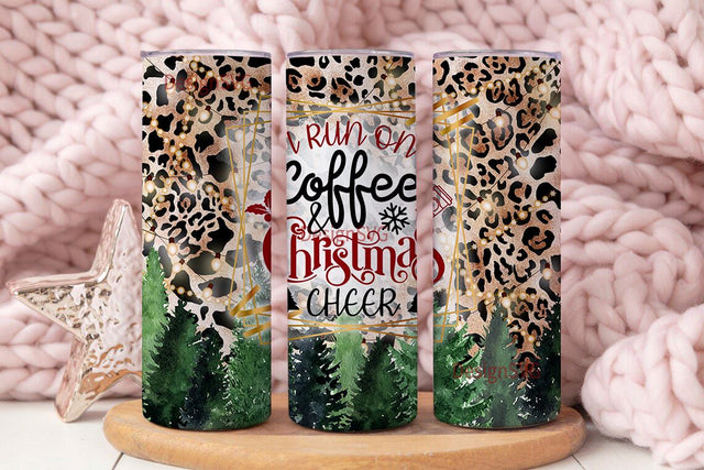 I run on coffee and Christmas cheer 20 oz skinny tumbler sublimation design Leopard digital PNG design Straight waterslide wrap download Sublimation DesignSVG 