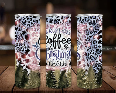 I run on coffee and Christmas cheer 20 oz skinny tumbler sublimation design Leopard digital PNG design Straight waterslide wrap download Sublimation ToriDesigns 