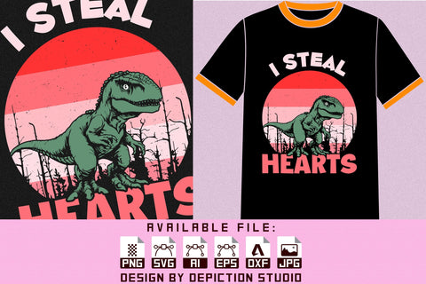 I Steal Hearts T-Shirt, Dinosaur Retro Vintage Shirt, T-Rex Shirt Print Template Sketch DESIGN Depiction Studio 