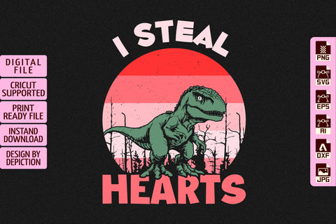 I Steal Hearts T-Shirt, Dinosaur Retro Vintage Shirt, T-Rex Shirt Print Template Sketch DESIGN Depiction Studio 