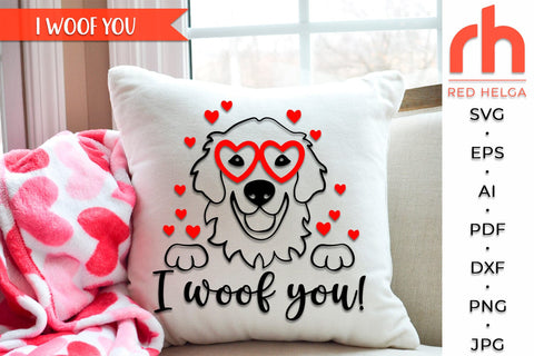 I Woof You SVG, Valentine’s Shirt Cut File, February Window Decor DXF, Pet Design Vector, Dog with Glasses Outline, Peeping Retriever SVG RedHelgaArt 