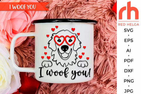 I Woof You SVG, Valentine’s Shirt Cut File, February Window Decor DXF, Pet Design Vector, Dog with Glasses Outline, Peeping Retriever SVG RedHelgaArt 