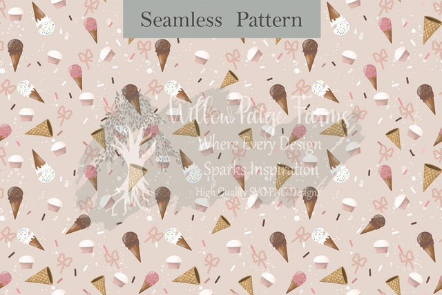 Ice Cream and Cupcakes | Seamless Pattern – Ice Cream, Cupcakes, Sprinkles & Pink Bows | Soft Muted Pastel Colors | 3600 x 3600 px 300 DPI Digital Pattern Willow Paige Farms 