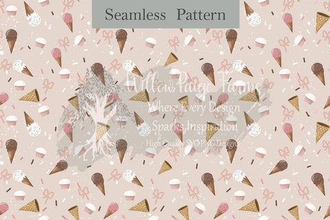 Ice Cream and Cupcakes | Seamless Pattern – Ice Cream, Cupcakes, Sprinkles & Pink Bows | Soft Muted Pastel Colors | 3600 x 3600 px 300 DPI Digital Pattern Willow Paige Farms 