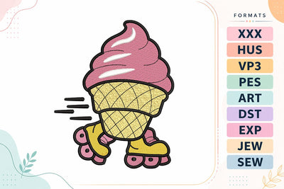 Ice Cream on Roller Skates Cute Summer Kawaii Embroidery Design Embroidery/Applique DESIGNS sg embroidery 