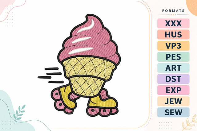 Ice Cream on Roller Skates Cute Summer Kawaii Embroidery Design Embroidery/Applique DESIGNS sg embroidery 