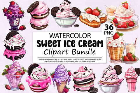 Ice Cream Watercolor Clipart Bundle Sublimation Regulrcrative 