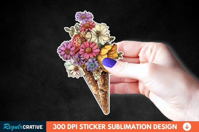 Ice Cream With Flowers Sticker Clipart Sublimation Regulrcrative 