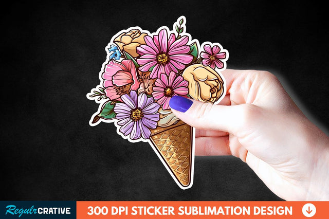 Ice Cream With Flowers Sticker Clipart Sublimation Regulrcrative 