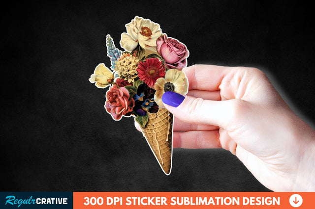 Ice Cream With Flowers Sticker Clipart . Sublimation Regulrcrative 