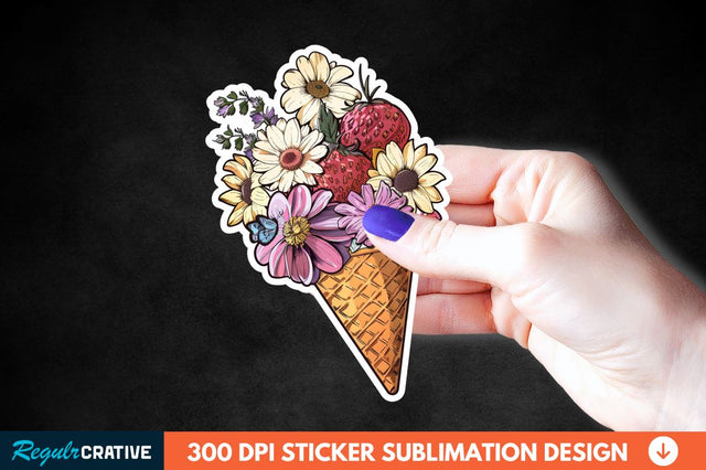 Ice Cream With Flowers Sticker Clipart Sublimation Regulrcrative 