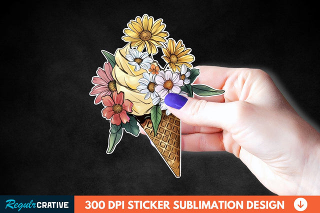 Ice Cream With Flowers Sticker Clipart Sublimation Regulrcrative 