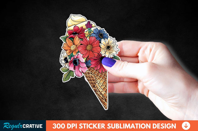 Ice Cream With Flowers Sticker Clipart Sublimation Regulrcrative 