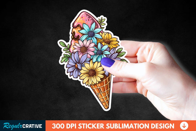 Ice Cream With Flowers Sticker Clipart Sublimation Regulrcrative 