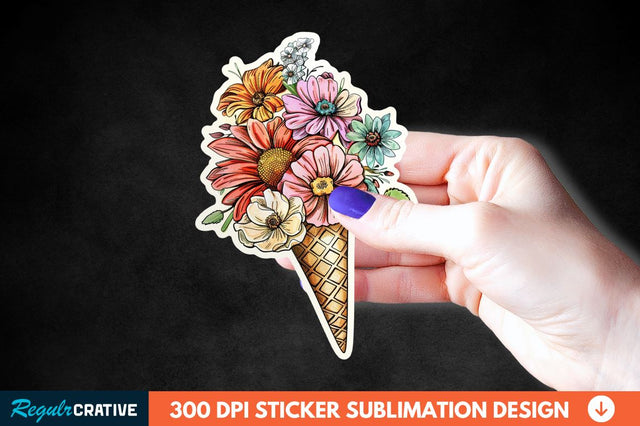 Ice Cream With Flowers Sticker Clipart Sublimation Regulrcrative 