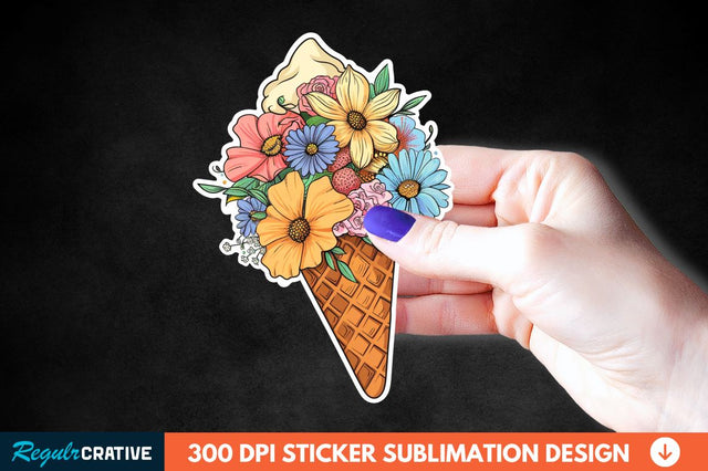 Ice Cream With Flowers Sticker Clipart Sublimation Regulrcrative 