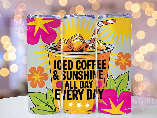 Iced Coffee Sunshine 20oz Tumbler, Sunshine Vacation Wrap, Summer Sublimation Design, Tropical Beach Theme, Coffee Lover Wrap, 20oz Tumbler Design, PNG Tumbler Wrap Sublimation SvggirlplusArt 