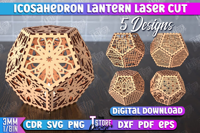 Icosahedron Lantern Bundle | Shadow Lamp | Wooden Pattern | Desktop Lamp | Hanging Lamp | CNC Files SVG The T Store Design 
