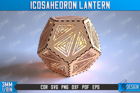 Icosahedron Lantern Laser Cut Bundle, Geometric Modular Lamp, Decorative Lantern SVG, 3d Wooden Lamp SVG Fly Design 