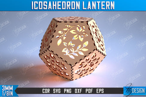 Icosahedron Lantern Laser Cut Bundle, Geometric Modular Lamp, Decorative Lantern SVG, 3d Wooden Lamp SVG Fly Design 