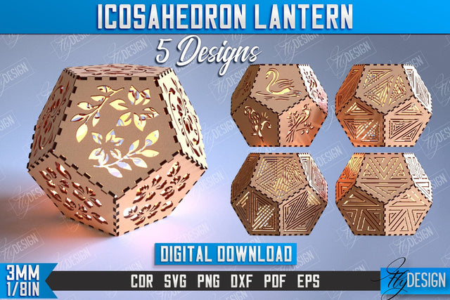 Icosahedron Lantern Laser Cut Bundle, Geometric Modular Lamp, Decorative Lantern SVG, 3d Wooden Lamp SVG Fly Design 