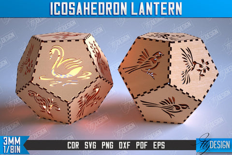 Icosahedron Lantern Laser Cut Bundle, Geometric Modular Lamp, Decorative Lantern SVG, 3d Wooden Lamp SVG Fly Design 