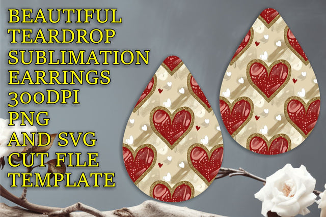 ideal for DIY, Stunning teardrop earrings template, Heart Sublimation HoodArtCraft 
