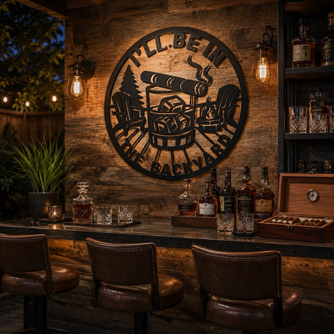 I'll Be In The Backyard Whiskey Laser SVG | BBQ Metal Wall Art Dxf | Campfire Monogram CNC Plasma Cut File | Outdoor Patio Laser Cut Design SVG HappyDesignStudio 