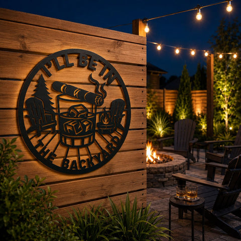 I'll Be In The Backyard Whiskey Laser SVG | BBQ Metal Wall Art Dxf | Campfire Monogram CNC Plasma Cut File | Outdoor Patio Laser Cut Design SVG HappyDesignStudio 