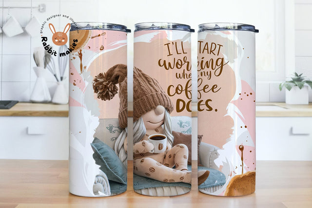 I'll Start Working When My Coffee Does 20oz Skinny Tumbler PNG, Gnome Sublimation Design Sublimation Rabbitmakies 