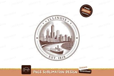 Illinois city skyline river boat emblem image Sublimation Designangry 