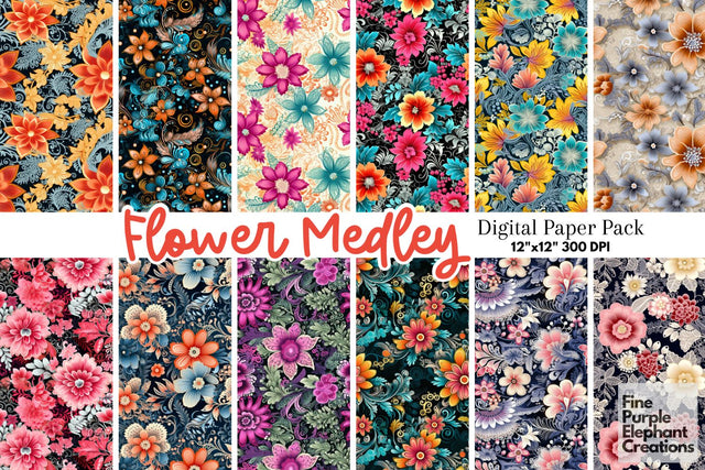 Illustrated Flower Digital Paper | Floral Sublimation Digital Pattern Fine Purple Elephant Creations 