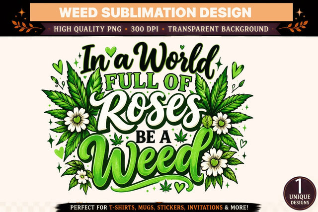 In a World Full of Roses Be a Weed PNG, Funny Weed Sublimation Design, Green Cannabis Leaf DTF Shirt PNG, Stoner Quote Digital Download Sublimation BlackCatsMedia 