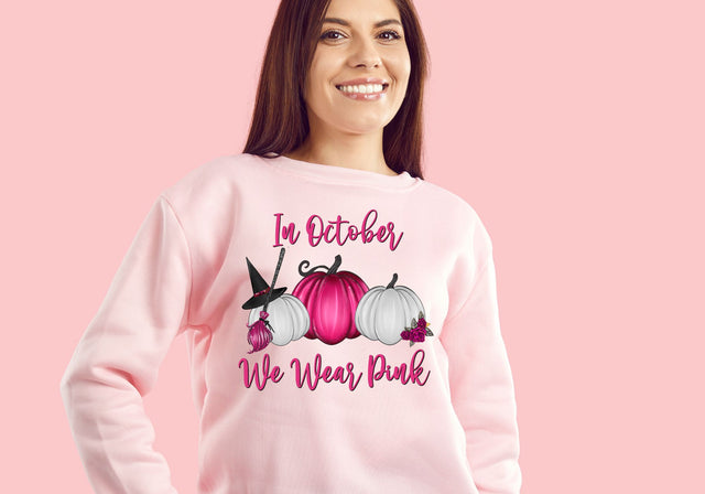 In October We Wear Pink PNG | Pink Ribbon Halloween Design | October Awareness Typography Sublimation Print Perfect Design Shop 