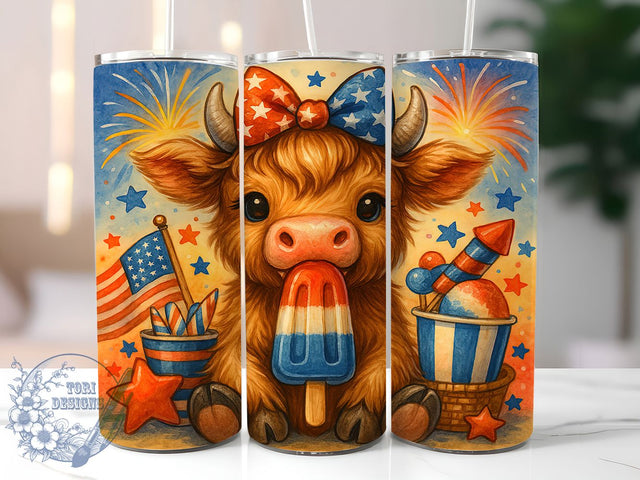 Independence Day Highland Cow Tumbler, Highland Cow Summer, July Fourth Animal, Summer Popsicle Design, Cute Patriotic Art, Independence Day Cow, Holiday Farm Design Sublimation ToriDesigns 