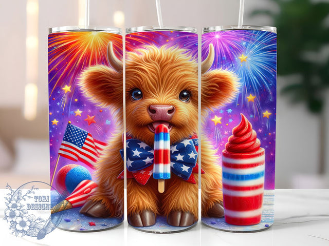 Independence Day Highland Cow Tumbler, Highland Cow Summer, July Fourth Animal, Summer Popsicle Design, Cute Patriotic Art, Independence Day Cow, Holiday Farm Design Sublimation ToriDesigns 