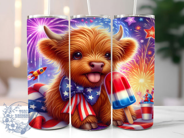 Independence Day Highland Cow Tumbler, Highland Cow Summer, July Fourth Animal, Summer Popsicle Design, Cute Patriotic Art, Independence Day Cow, Holiday Farm Design Sublimation ToriDesigns 