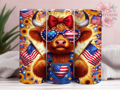 Independence Day Highland Cow Tumbler, July Fourth Farm, Highland Cattle Art, American Farm Design, Independence Day Cow, Holiday Farm Cup, Patriotic Animal Design Sublimation Li Zamperini 