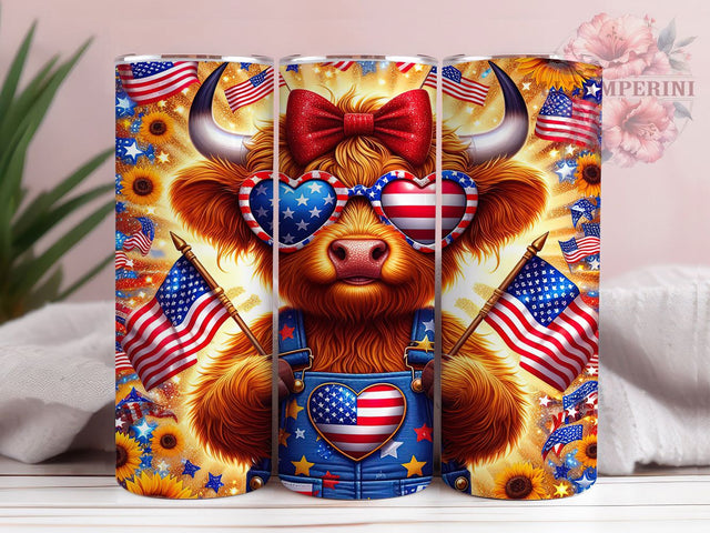 Independence Day Highland Cow Tumbler, July Fourth Farm, Highland Cattle Art, American Farm Design, Independence Day Cow, Holiday Farm Cup, Patriotic Animal Design Sublimation Li Zamperini 