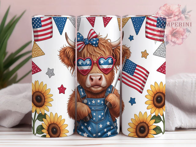 Independence Day Highland Cow Tumbler, July Fourth Farm, Highland Cattle Art, American Farm Design, Independence Day Cow, Holiday Farm Cup, Patriotic Animal Design Sublimation Li Zamperini 