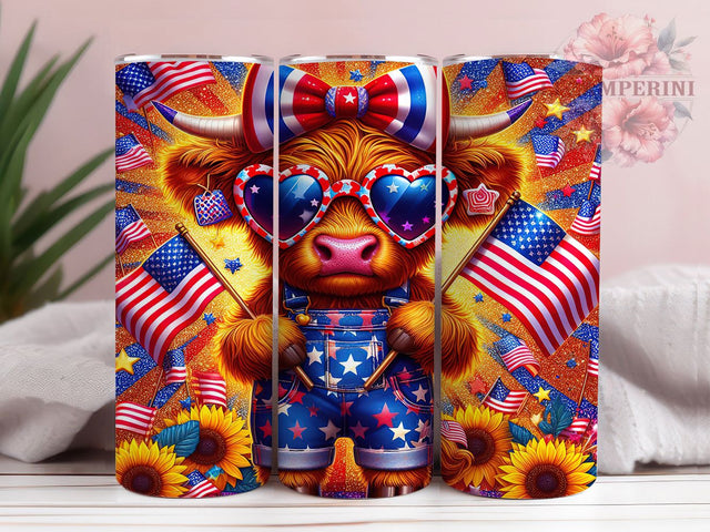 Independence Day Highland Cow Tumbler, July Fourth Farm, Highland Cattle Art, American Farm Design, Independence Day Cow, Holiday Farm Cup, Patriotic Animal Design Sublimation Li Zamperini 