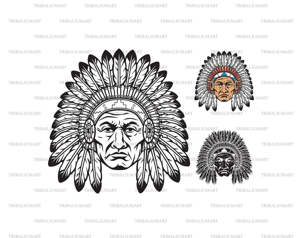 Indian Chief Head with Headdress (Indian Warrior). Cut files for Cricut ...