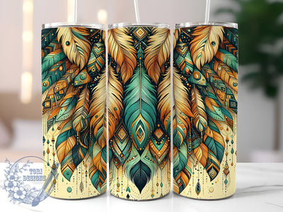 Indian Feathers Tumbler, Boho Dream Catcher Design, 20oz Sublimation Wrap, Native American Decor, Bohemian Drinkware, Feather Tumbler, Tribal Art Gift, Spiritual Jewelry Tumbler Sublimation ToriDesigns 