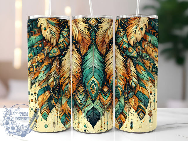 Indian Feathers Tumbler, Boho Dream Catcher Design, 20oz Sublimation Wrap, Native American Decor, Bohemian Drinkware, Feather Tumbler, Tribal Art Gift, Spiritual Jewelry Tumbler Sublimation ToriDesigns 