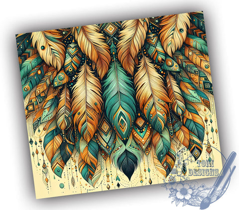 Indian Feathers Tumbler, Boho Dream Catcher Design, 20oz Sublimation Wrap, Native American Decor, Bohemian Drinkware, Feather Tumbler, Tribal Art Gift, Spiritual Jewelry Tumbler Sublimation ToriDesigns 