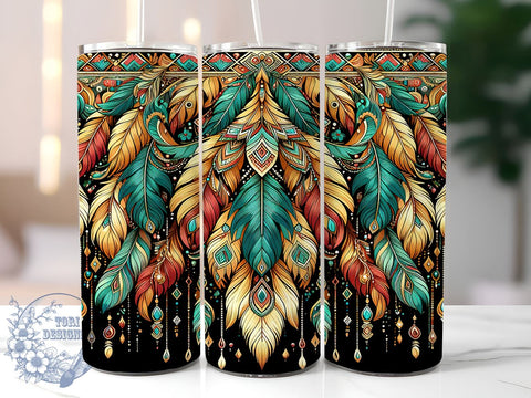 Indian Feathers Tumbler, Boho Dream Catcher Design, 20oz Sublimation Wrap, Native American Decor, Bohemian Drinkware, Feather Tumbler, Tribal Art Gift, Spiritual Jewelry Tumbler Sublimation ToriDesigns 