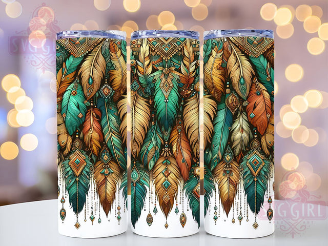 Indian Feathers Tumbler, Boho Tumbler Wrap, Native American Design, 20oz Tumbler PNG, Tribal Decor, Bohemian Gift, Sublimation Drinkware, Ethnic Patterns Tumbler Sublimation SvggirlplusArt 