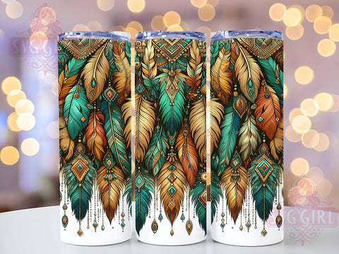 Indian Feathers Tumbler, Boho Tumbler Wrap, Native American Design, 20oz Tumbler PNG, Tribal Decor, Bohemian Gift, Sublimation Drinkware, Ethnic Patterns Tumbler Sublimation SvggirlplusArt 